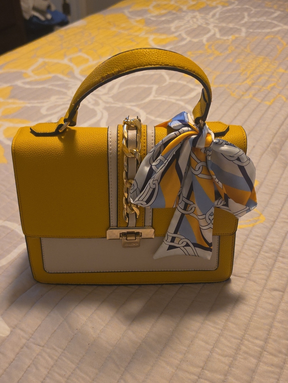 Aldo Yellow and Cream Top-Handle Satchel with Scarf Accent the handle is peeling